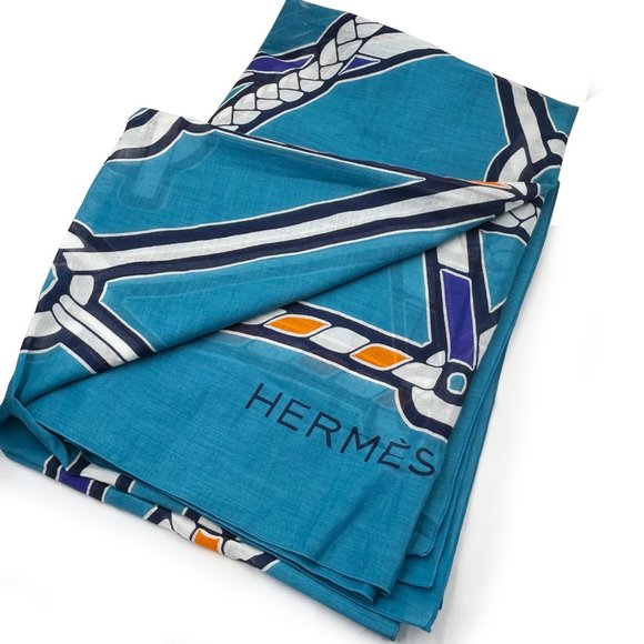 Hermes Blue Bridle Cotton Large Shawl - Picture 1 of 4